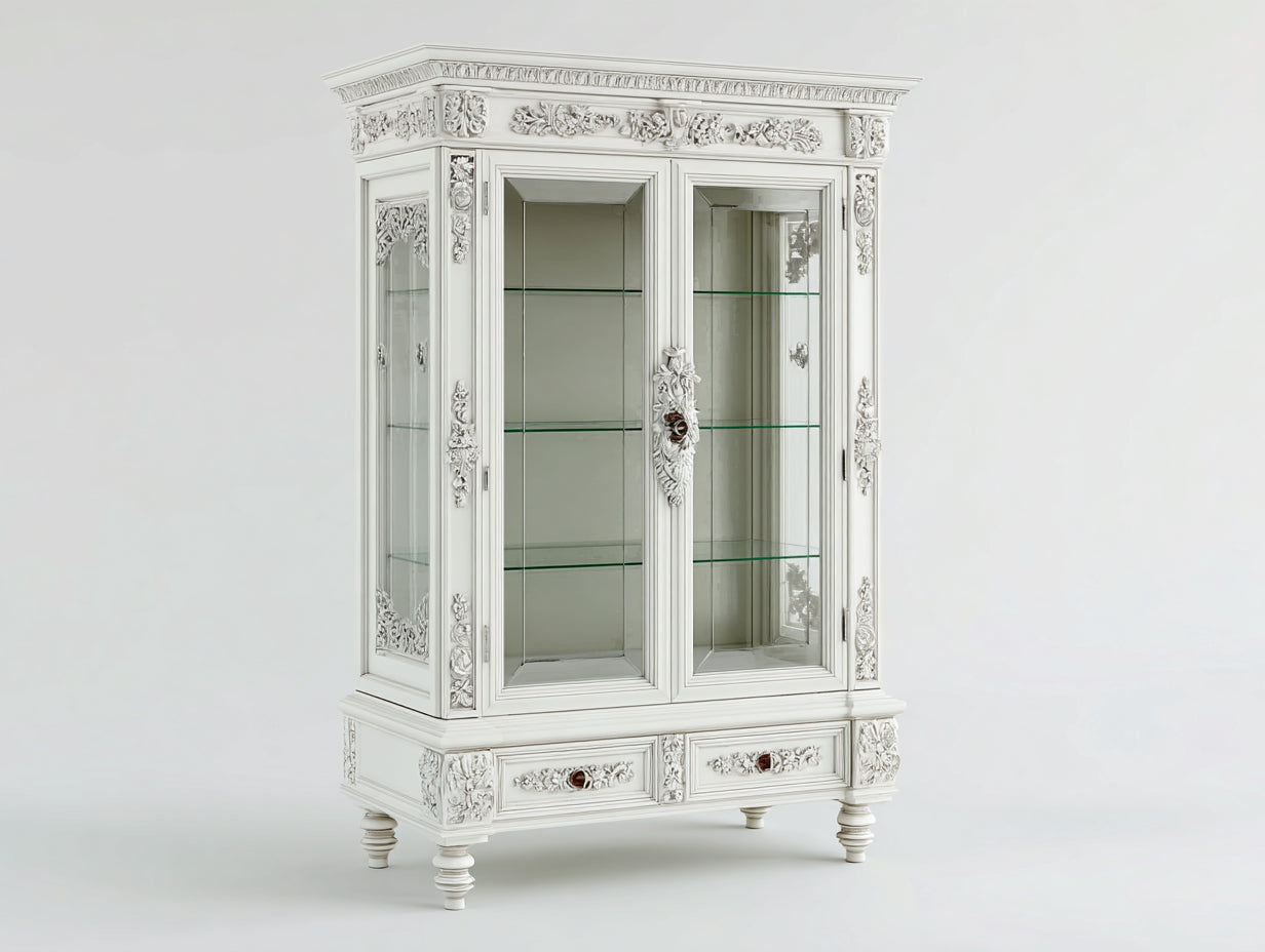 Vitrine 120 x 40 x 190 cm - Weißer Holzwerkstoff mit Glastüren und Glasböden - Klassisches Design mit Ornamenten für Wohnzimmer und Esszimmer
