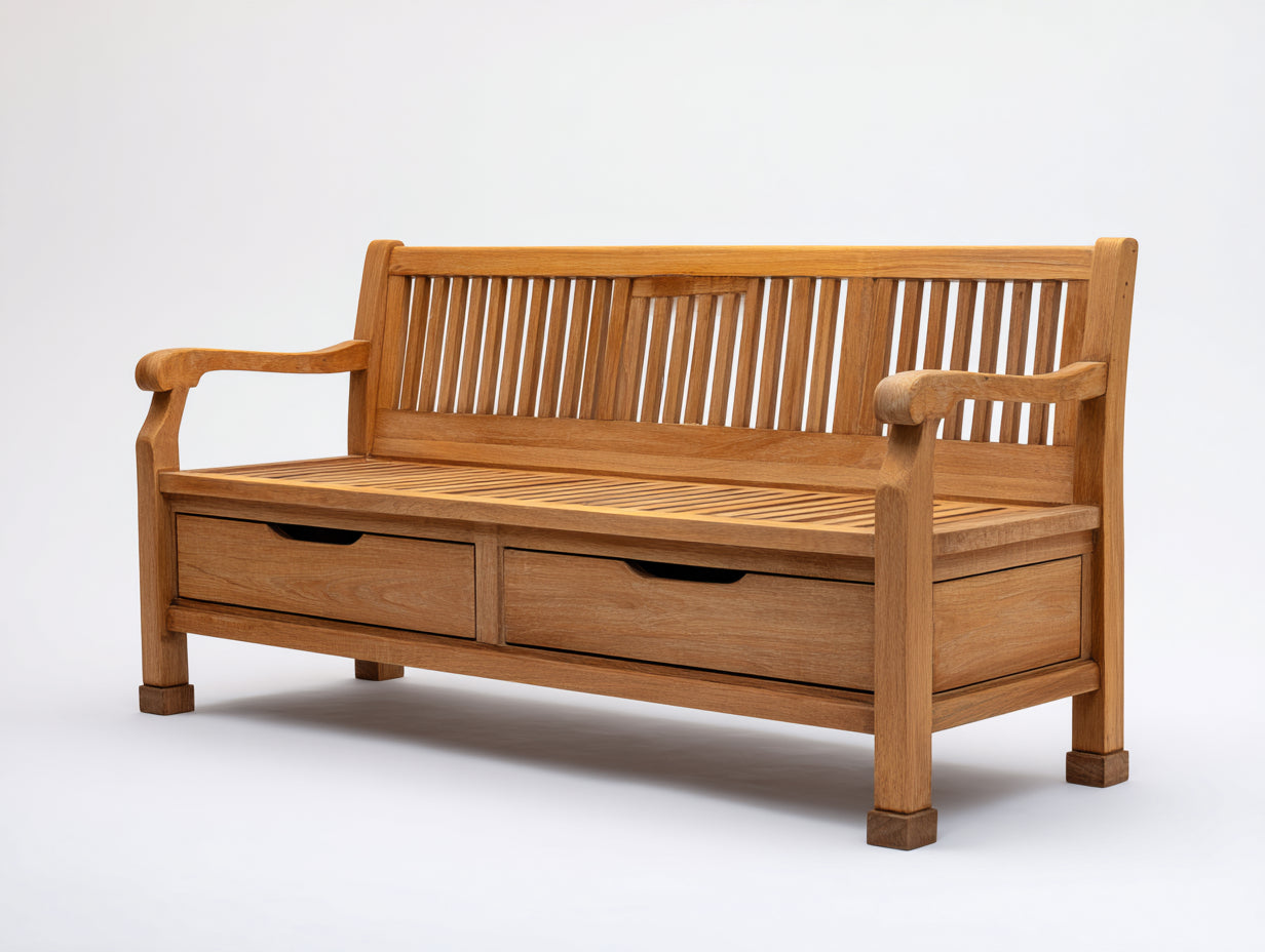 Gartenbank Holz 150x60x90 cm - Naturholz - Klassisches Design mit 2 Schubladen für Garten und Terrasse